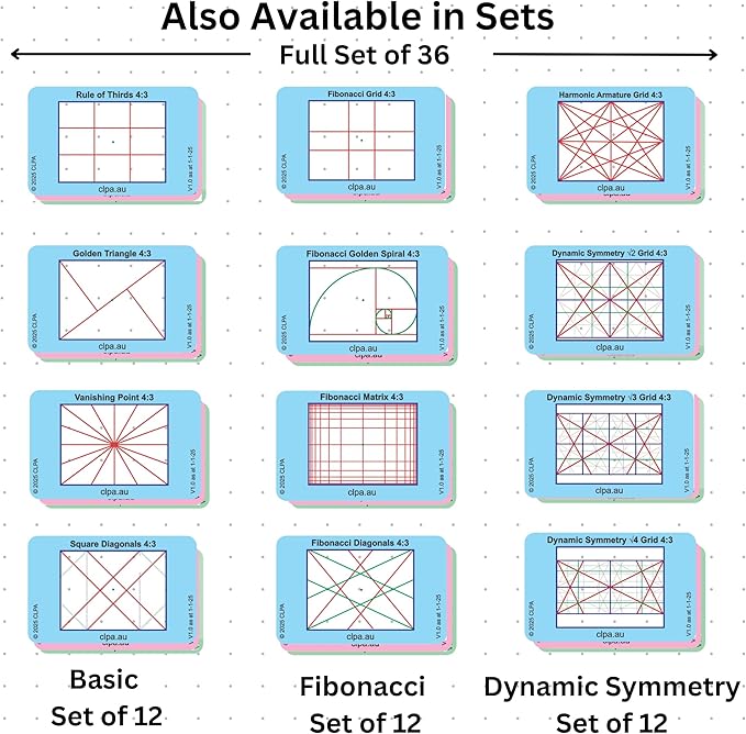 CLPA Basic Photographic Viewfinder Set: Rule of Thirds, Square Diagonals, Vanishing Point & Golden Triangle for Art, Photography, & Video