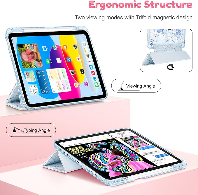 for iPad Air 11 inch M4/M3/M2 (2026/2025/2024) iPad Air 5th/4th Gen (2022/2020) 10.9 inch with Pencil Holder Glitter Clear Pretevtive Cover Auto Wake/Sleep Black Cartoon Stickers