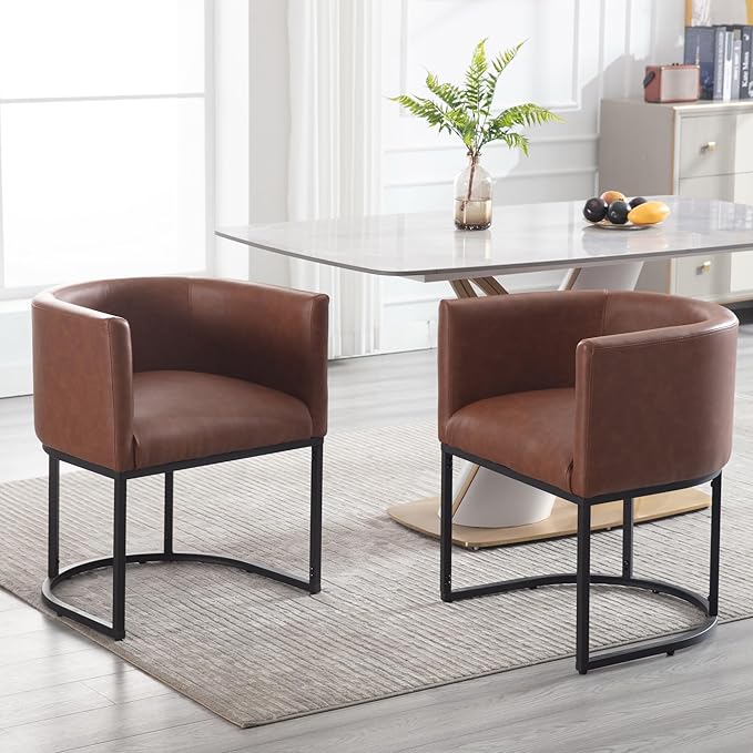Faux Leather Dining Chair Modern Barrel Arm Chairs with Black Metal Frame, Upholstered Kitchen Chairs 18.5" Wide Accent Chair for Living Room Dining Room Restaurant, Brown