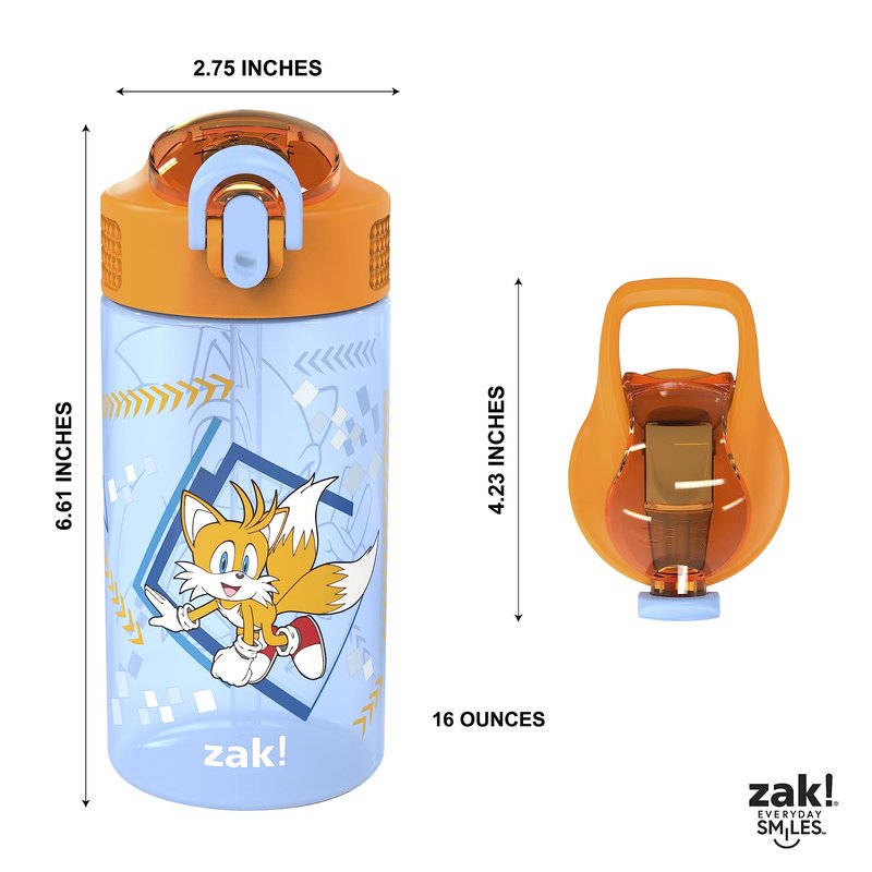 Zak Designs Sonic Kids' 2-Pack Leak-Proof Water Bottles With Straw, Handle and Pop-Up Spout Cover