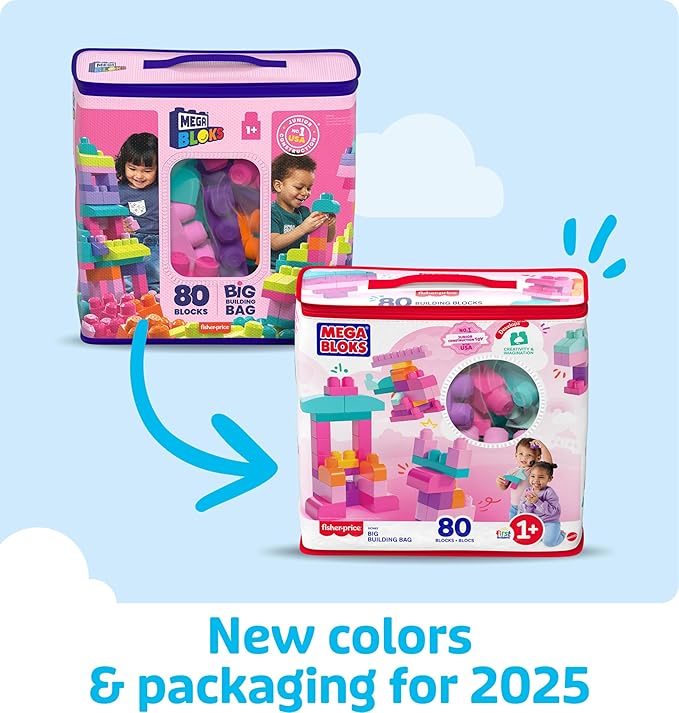 MEGA BLOKS First Builders Toddler Blocks Toys Set, Big Building Bag Collection with 80 Pieces and Storage, Pink, Ages 1+ Years