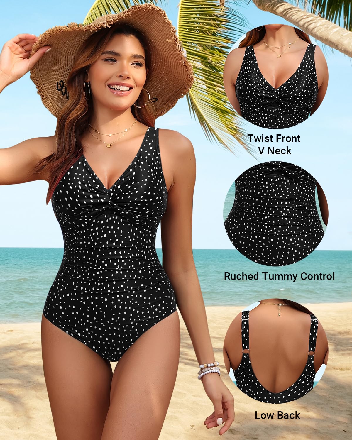 Holipick Black Dot Women Tummy Control One Piece Swimsuit - Push Up Bathing Suit Full Coverage Slimming Swimwear L