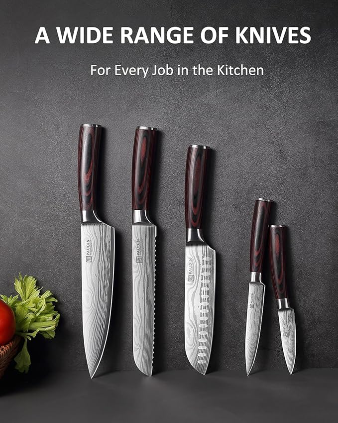 PAUDIN Knife Set, 5PCS Kitchen Knife Set without Block, Stainless Steel Chef Knife Set with Pakkawood Handle, Professional Kitchen Gift Sets for Cooking Lovers & Farther's Day