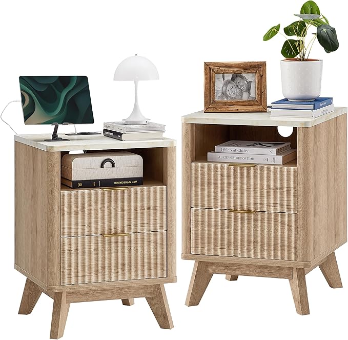 T4TREAM Fluted Nightstand Set of 2 with Charging Station, 18" Modern Side Table with Faux Marble Top, 2 Drawer End Table w/Storage, BedsideTable for Bedroom, Living Room, Curved Profile, Natural Oak