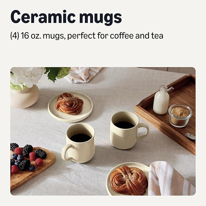 Amazon Basics Glazed Stoneware Coffee Mugs, Ceramic 4-Piece Set, 16 oz, Microwave and Dishwasher-Safe, Ivory