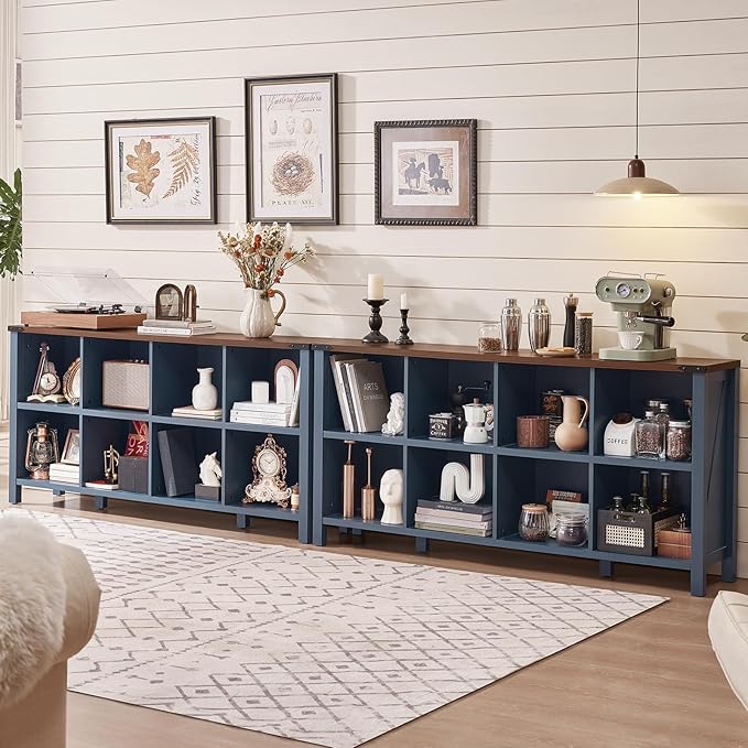 8 Cube Book Shelf, Farmhouse Wood Long Storage Organizer Bookcase, 62" Horizontal Navy Blue Console Closet Bookshelf, Hallway TV Stand for Entryway, Display Cabinet Book Case for Living Room