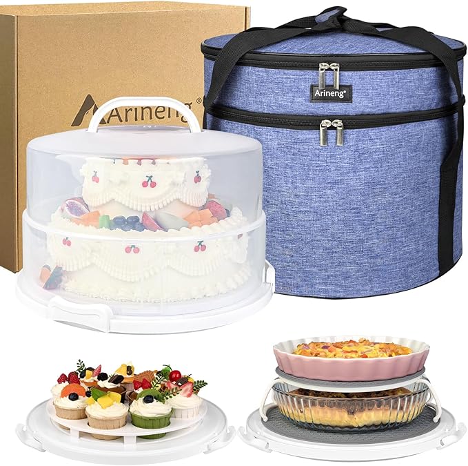 12 Inch Cake Carrier with Lid & Handle BPA-Free Cake Transport Container, Includes Insulated Bag, Cupcake & Pie Holders for Secure Dessert Delivery (Fits 7" Tall Cakes) (Purple)