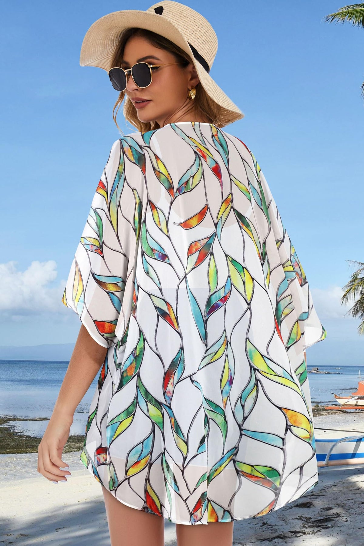 Womens Short Cardigans Casual Cover Up Open Front Kimono Tops Bathings Suit Shawl (White Colorful Leaves,XL)