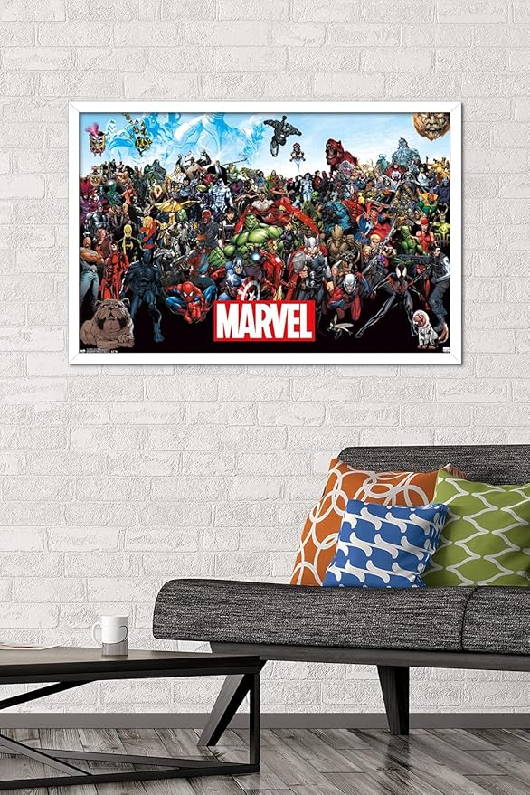 Marvel Comics The Marvel Lineup Wall Poster, 34L" x 22.4W", White Framed Version