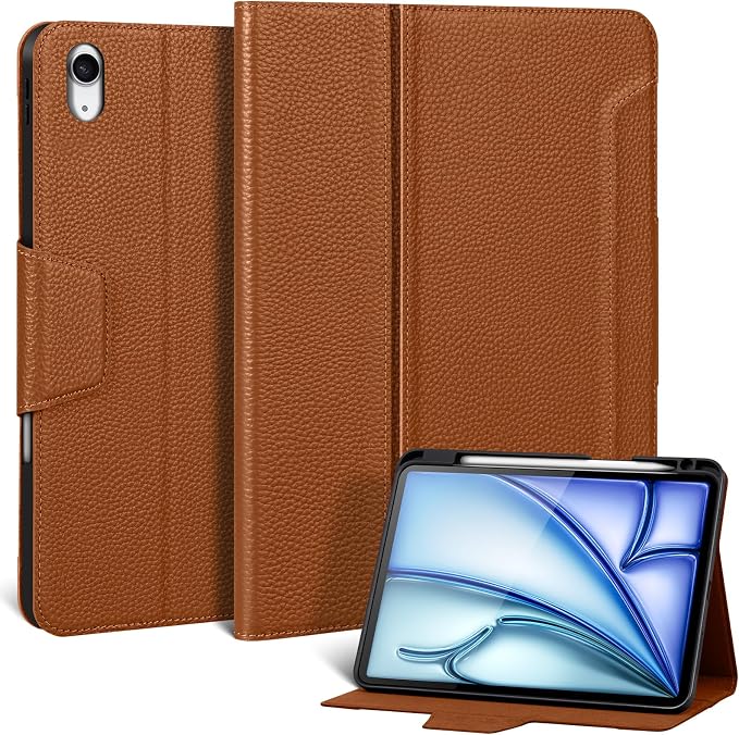 Case for iPad Air 11 M4/M3/M2 5th/4th Gen 10.9 Black | Genuine Leather Pencil Holder Magnetic Closure Smart Cover Auto Wake/Sleep Adjustable Stand