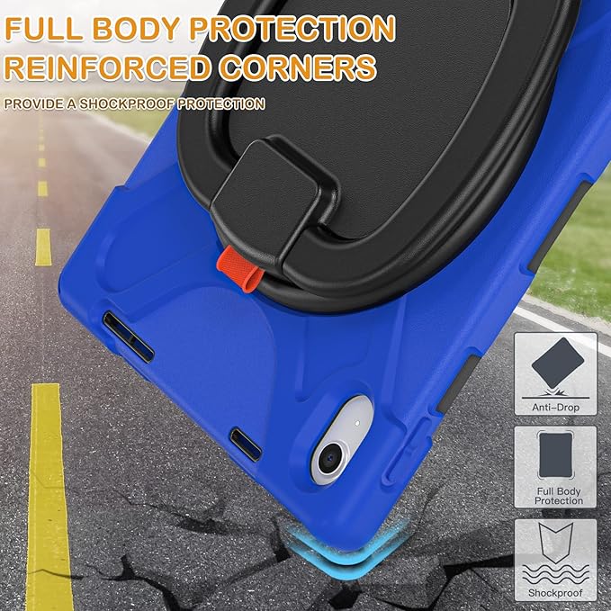 BRAECN Case for iPad (A16) 11th/10th Generation 11”/10.9'' 2025/2022-Rugged Silicone Cover for iPad 10th Gen w/Pencil Holder/Swivel Ring Stand/Screen Protector/Stable Kickstand/Shoulder Strap, Blue