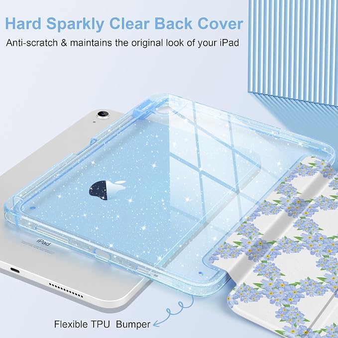 MEEgoodo Case for iPad A16 11th Generation 2025/10th Generation 2022 Glitter Tablet Cases with Transparent Acrylic Back+Trifold Stand +Pencil Holder+Auto Wake/SleepAbstract Sun &amp Palm Tree