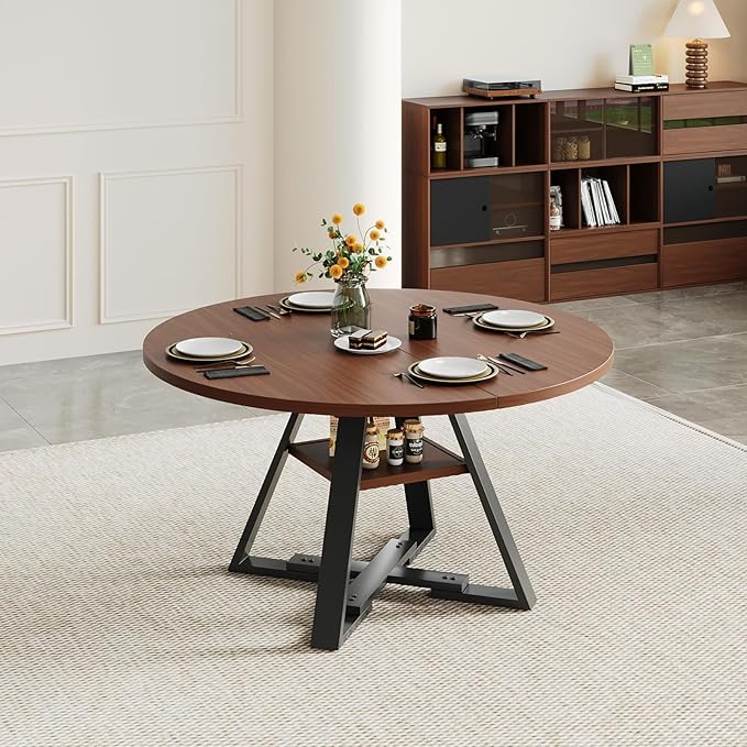 45.3" Round Walnut Dining Table for 4 – Mid-Century Modern Pedestal Table for Kitchen, Dining Room, Small Apartment or Breakfast Nook