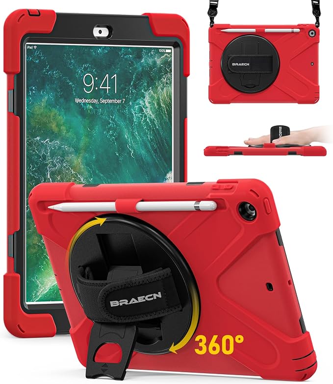BRAECN Case for iPad 6th/5th Generation - 9.7 inch 2018/2017 Black | Protective Heavy Duty Shockproof Rugged Cover for Kids/Adults 360° Rotating Hand Strap/Stand &amp Detachable Shoulder Strap