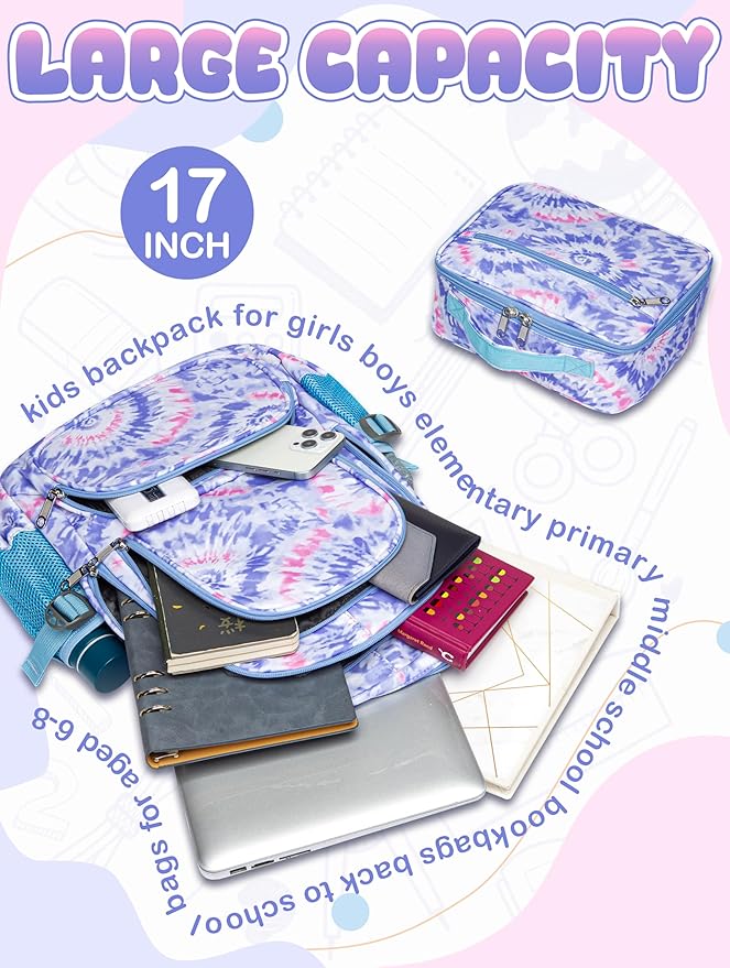 BLUEFAIRY Kids Backpack with Lunch Box for Girls Boys Elementary Primary Middle School Bag with Lunch Bag Set 17 Inch Bookbag Mochilas Escolares para Niñas Niños (Tie-dye, Light Violet)