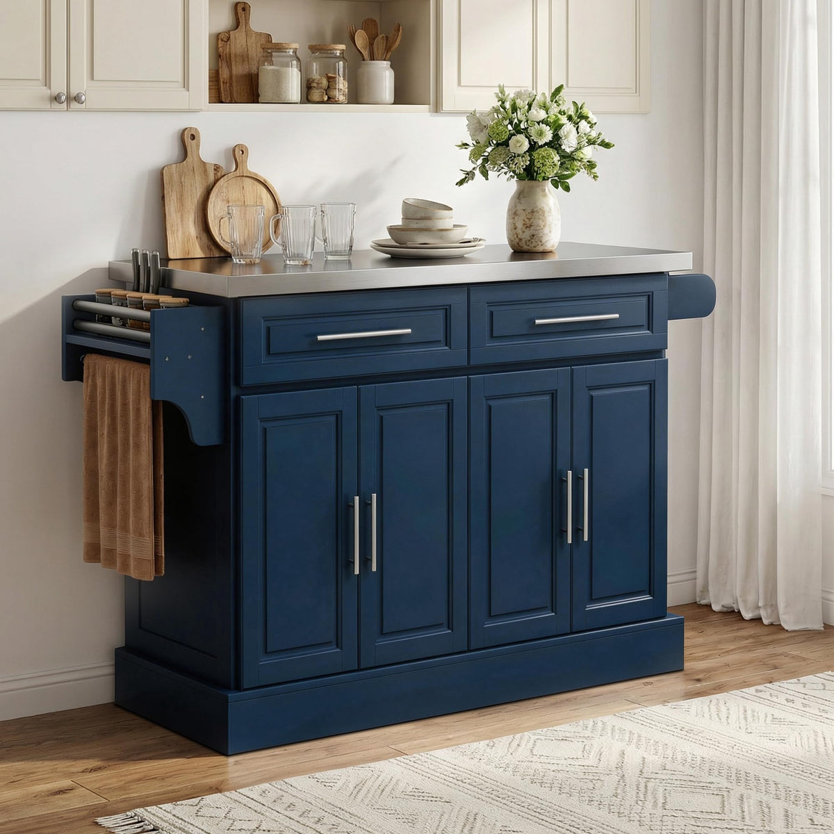 HOMCOM Rolling Kitchen Island Cart with 47" Stainless Steel Top Navy Blue