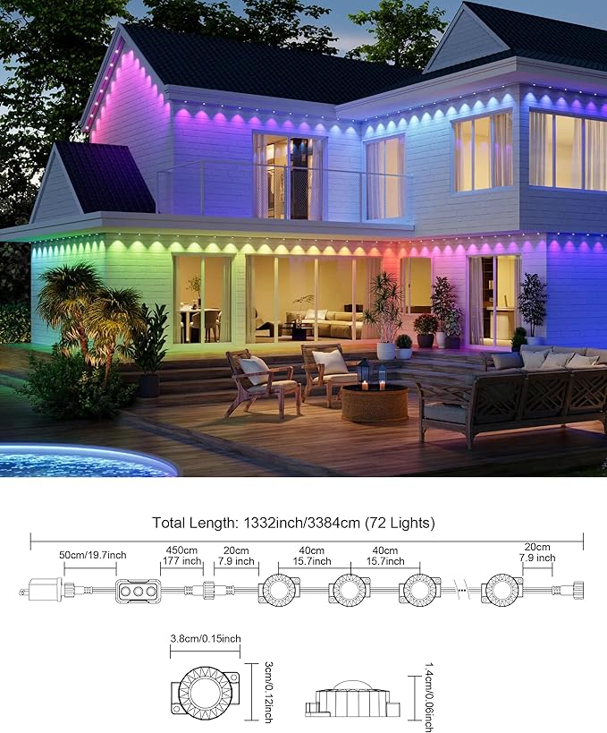 111FT Permanent Outdoor Lights,72 RGB Eaves Lights with App Control Remote, IP65 Waterproof Eternity Eaves Lighting, Outdoor Light for Outside Roofline Decor, Party, Holiday Xmas