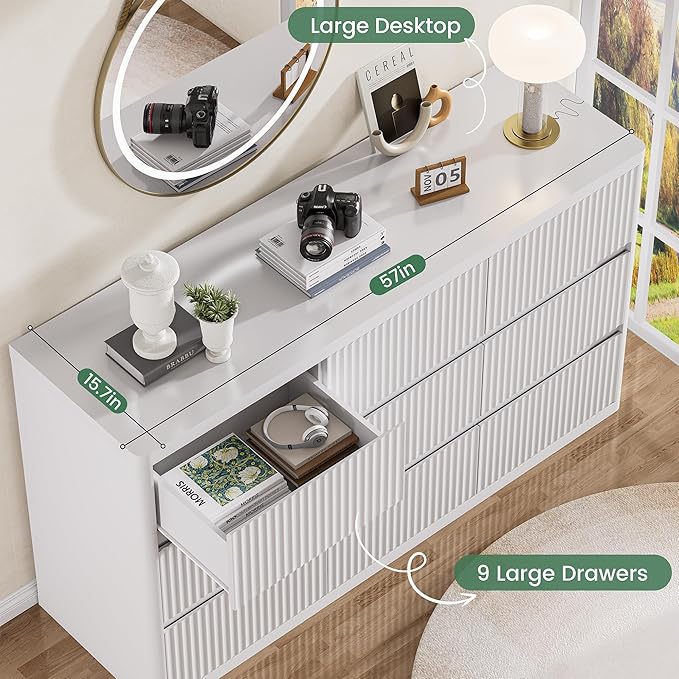 White 9 Drawers Dresser, 57" Wide Fluted Dresser for Bedroom, Modern Chest of Drawers with Curved Profile, Handleless, Wooden TV Stand with Organizer Storage for Living Room, Entryway