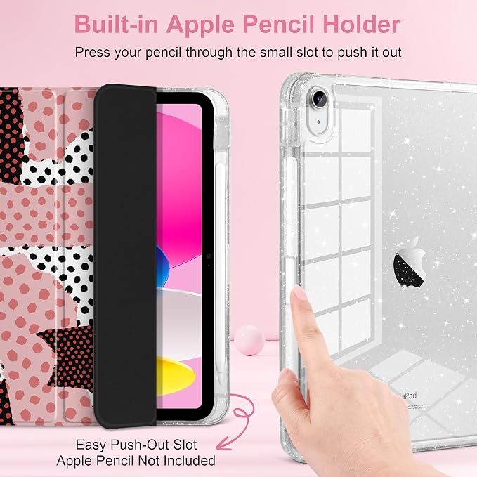 MEEgoodo Case for iPad A16 11th Generation 2025/10th Generation 2022 Glitter Tablet Cases with Transparent Acrylic Back+Trifold Stand +Pencil Holder+Auto Wake/SleepAbstract Sun &amp Palm Tree
