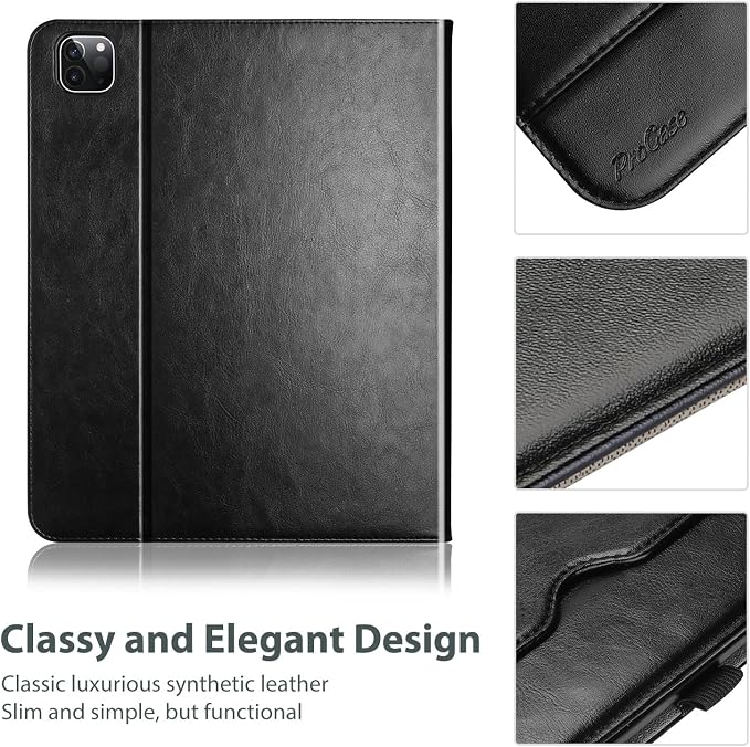 ProCase Leather Case for iPad Pro 13 Inch 2025 M5 and 2024 M4 - Black | PU Leather Folio With Pencil Holder Hand Strap Front Pocket and Multi-Angle Stand for Business and Travel