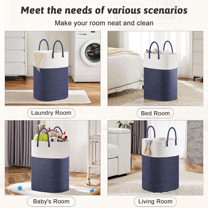 Laundry Basket,Woven Cotton Rope Laundry Hamper,Versatile Storage for Dirty Clothes,Baby Toys,and Blankets in Bathroom, Nursery,and Living Room (Blue, 80L)