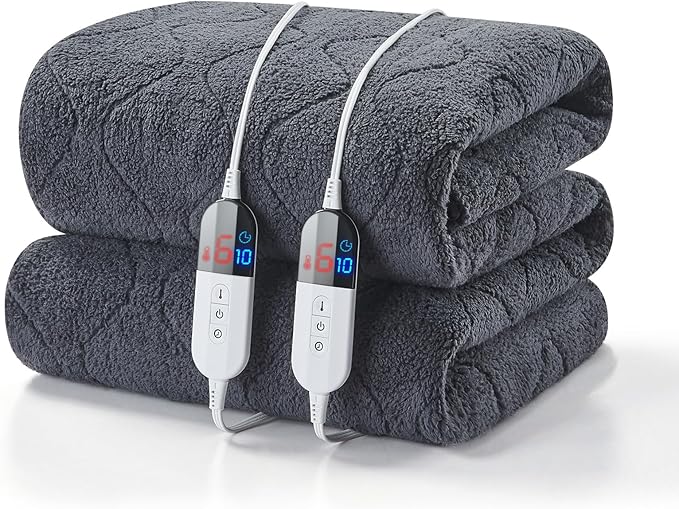 California King Size Heated Mattress Pad Sherpa Electric Mattress Pads Electric Bed Warmer Fit up to 21" with 6 Heat Settings Dual Controller 10 Hours Auto Shut Off, Dark Gray