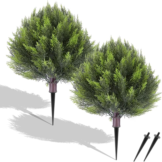 Set of 2 Artificial Cedar Heart Shape Topiary Tree with Realistic PE Leaves - Chartreuse Yellow (24"), UV Resistant Fake Plants for Outdoor & Indoor Garden, Front Porch & Balcony Decor