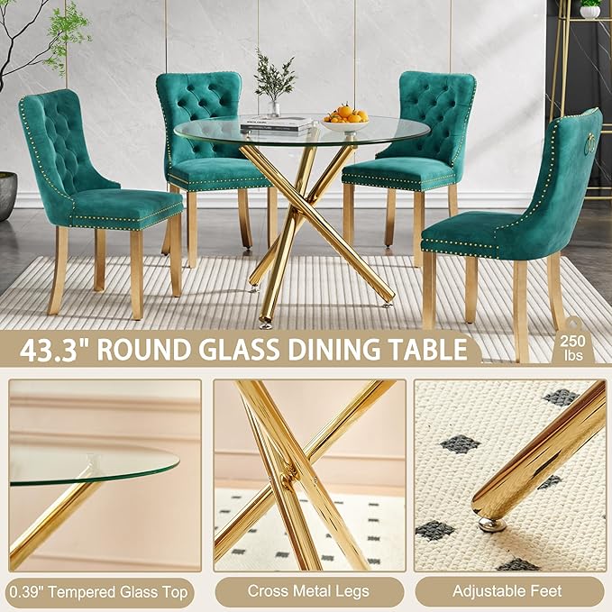 43.3" Round Glass Dining Table for 6, Modern Clear Glass Kitchen Table for 6 with Gold X Metal Legs, Contemporary Small Circle Dining Room Leisure Tables for Kitchen Apartment