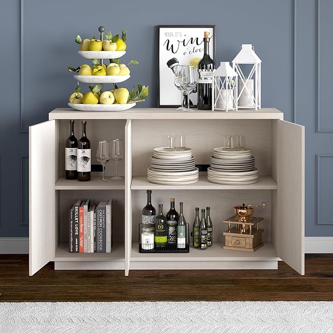 Henn&Hart 48'' Fluted Sideboard Buffet Cabinet, Modern Ribbed Credenza with 3 Doors, Adjustable Shelves, and Cable Management Cut-Outs for Dining Room, Kitchen, Living Room or Entryway, Alder White