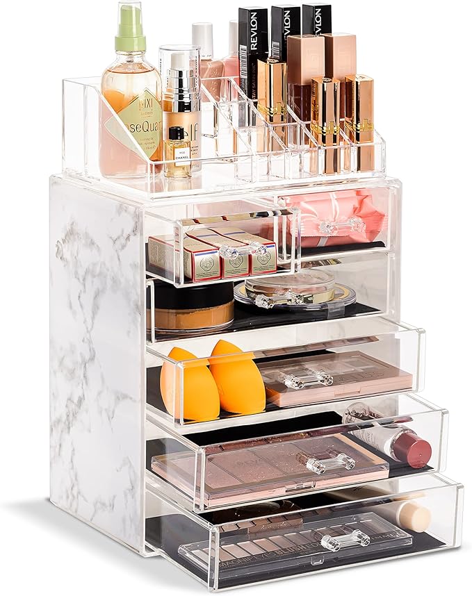 Sorbus Clear Cosmetic Makeup Organizer - Make Up & Jewelry Storage, Case & Display - Spacious Design - Great Holder for Dresser, Bathroom, Vanity & Countertop (4 Large, 2 Small Drawers - Marble Print)