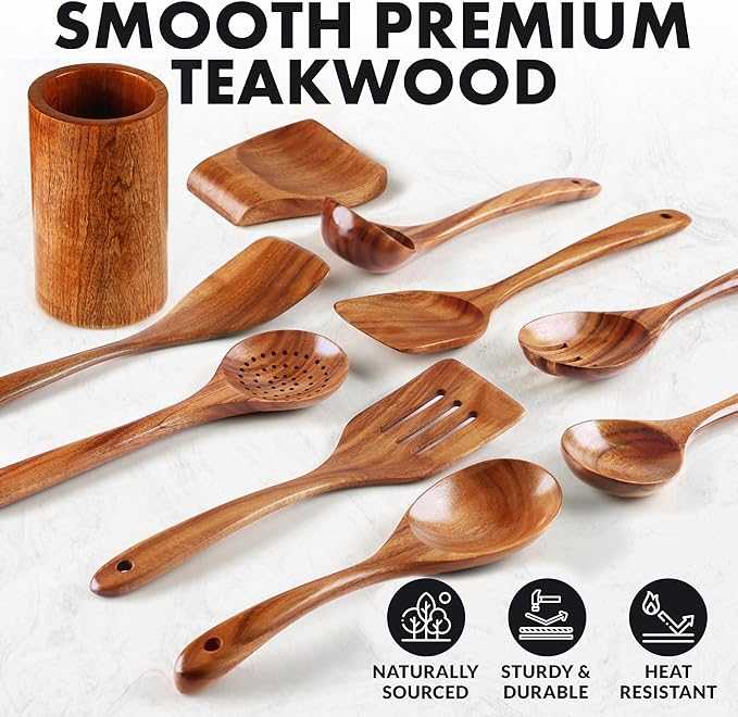 Zulay Kitchen 10-Piece Wooden Spoons for Cooking - Smooth Finish Teak Wooden Utensils for Cooking - Soft Comfort-Grip Wood Spoons for Cooking - Non-Stick Wooden Cooking Utensils - Wooden Spoon Sets
