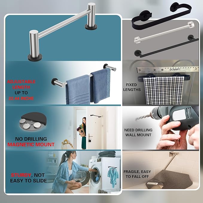 ULIBERMAGNET Magnetic Towel Holder,1 Set Magnetic Towel Rail Silver with Adjustable Length, Non-Slip Stainless Steel Towel Rail for Refrigerator, Oven, Dishwasher, Cabinet, Laundry