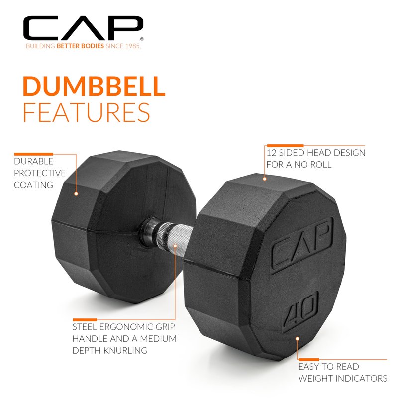 CAP 40 LB 12-Sided Rubber Coated Dumbbell Weight, Rubber Free Weights for Home Gym Strength Training, Chrome Handle, Pair