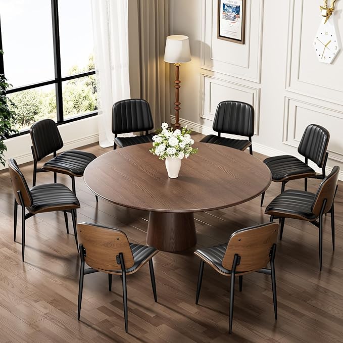 Dining Chairs Set of 8, Mid-Century Modern Upholstered PU Leather Chairs with Walnut Bentwood Back and Metal Legs Adjustable Feet for Kitchen Dining Living Room, Dark Black Vertical Stripes