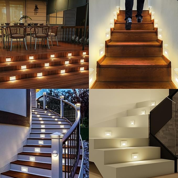 4 Pack Motion Sensor LED Step Lights, 3CCT Adjustable 3000K/4000K/6000K Stair Lights, 4W 300LM Dimmable Staircase Lighting, IP65 Waterproof for Indoor Outdoor, 120V Hardwired, ETL, White