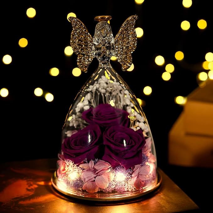 Ocosy Mothers Day Rose Gifts for her, Large Angel Rose Gifts for Women, Forever Real Roses in Angel Figurines, Angel Guardian with Roses Flower, Purple
