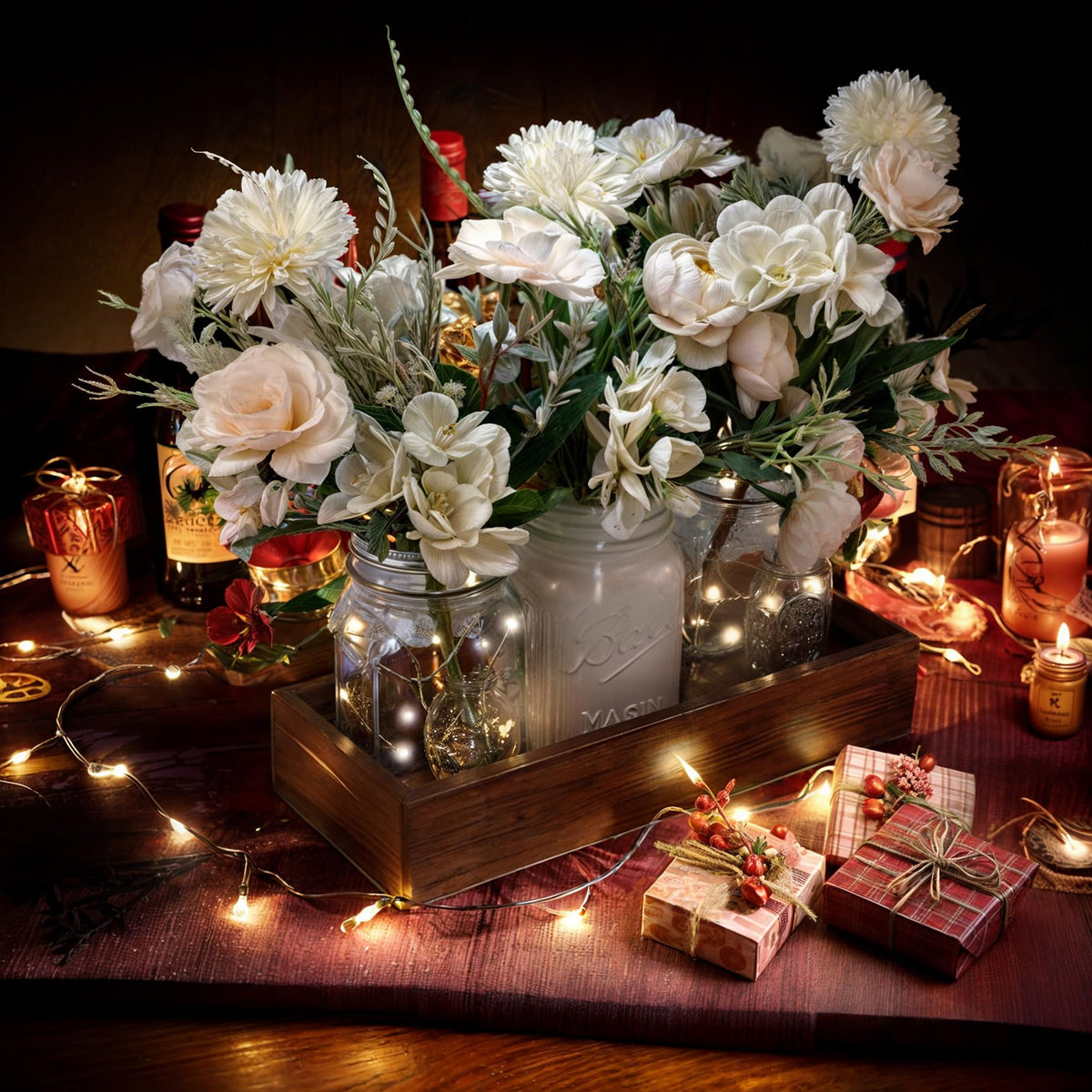 LIOZLIOLY Dining Mason Jar Lights Centerpiece Table Decorations for Dining Room Farmhouse Coffee Table Decor with Wood Tray, 3 Jars Artificial Flowers and Led Light for Kitchen Living Room(White)