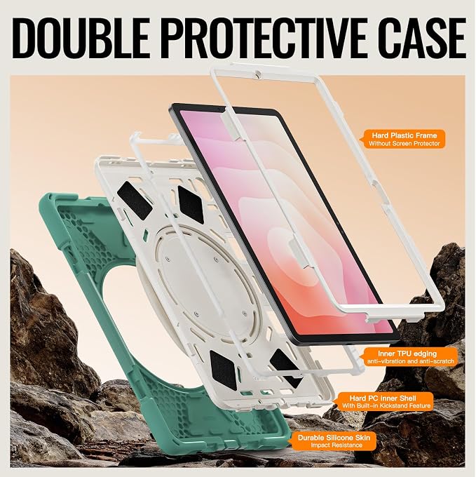 Batianda Heavy Duty Case for Samsung Galaxy Tab S11 2025 11 Inch with 360° Rotating Ring Stand &amp Shoulder Strap Built-in S Pen Holder Shockproof Rugged Multi-Layer Protective Cover Black