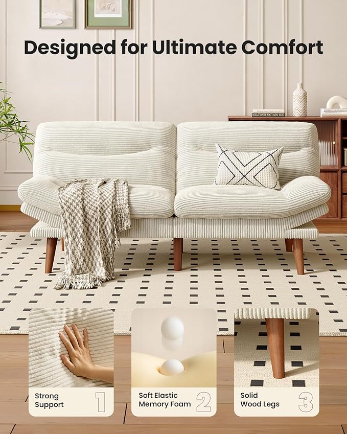 Amada 75" Convertible Futon Sofa Bed, Corduroy Folding Futon Set with Adjustable Backrest &Armrests, Recliner Lounge for Living Room, Apartment or Office, Solid Wood Frame, Loveseat Sofa -Beige White