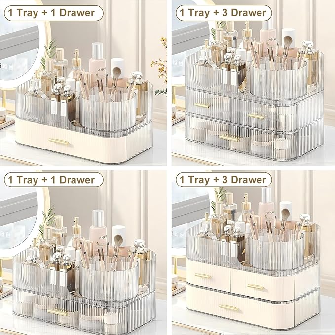 DASITON Makeup Organizer with Drawers and Rotating Makeup Brush Holder,Large Capacity Stackable Cosmetic Organizer Countertop,Bathroom Organizers and Storage,Make up Organizers for Vanity (Clear 03)