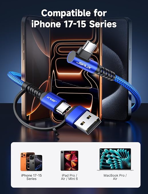 JSAUX 3-in-1 USB-C Cable 2-Pack 10FT 100W Right-Angle Fast Charging Blue | Right-Angle Braided Cables with USB-A Adapter 2 x 10 ft for iPhone 17/16/15 Galaxy S26/S25/S24 iPad MacBook Steam Dec