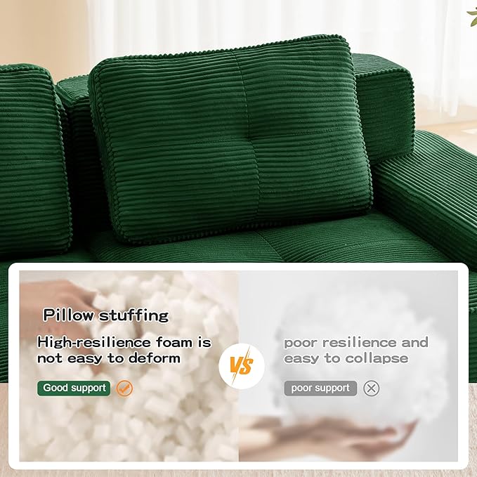 115.3'' Sectional Sofa, 32D Foam Corduroy Boneless Couch with Pillow, Deep Seat Wide Arm Sectional Couch for Apartment, Living Room, Bedroom