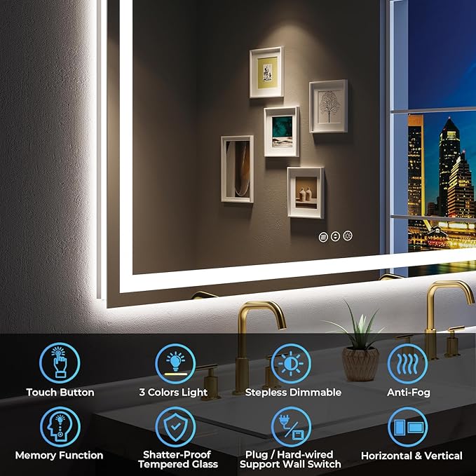 YEELAIT 55x30 Inch LED Bathroom Mirror with Lights Front and Backlit Lighted Vanity Mirror for Bathroom Wall with 3 Colors Dimmable Anti-Fog Memory Shatter-Proof IP54 Waterproof Horizontal/Vertical
