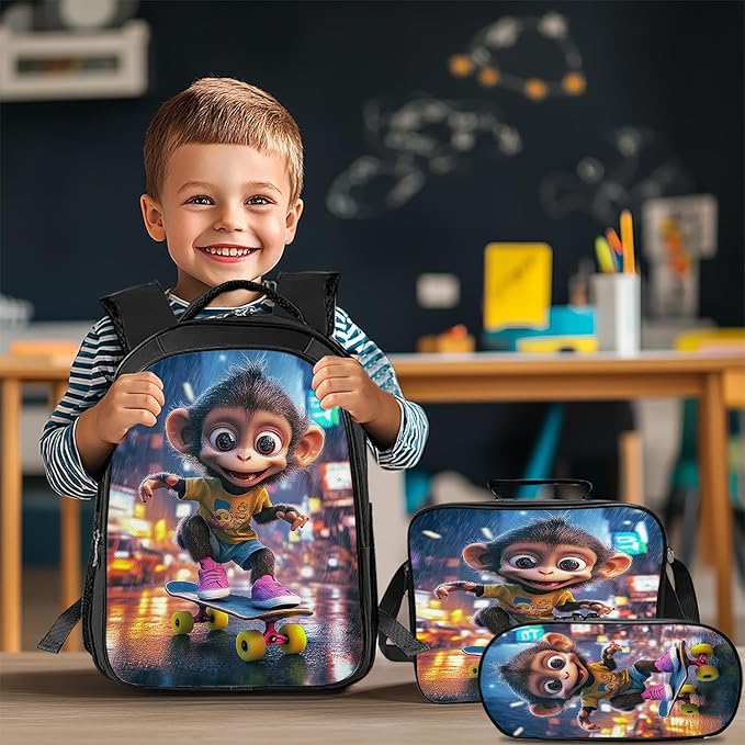Monkey Backpack Set 3 Piece School Bags and Lunch Box with Pencil Case Funny Monkey Bookbag Set for Toddler Kids Girls Boys Teens Kindergarten Elementary Middle