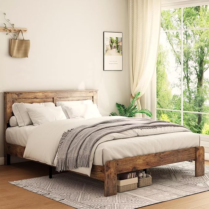 King Size Bed Frame, Rustic Vintage Platform Bed Frame with Wood Headboard and Footboard, 12 Wood Slats Support, No Box Spring Needed (Dark Brown, King)