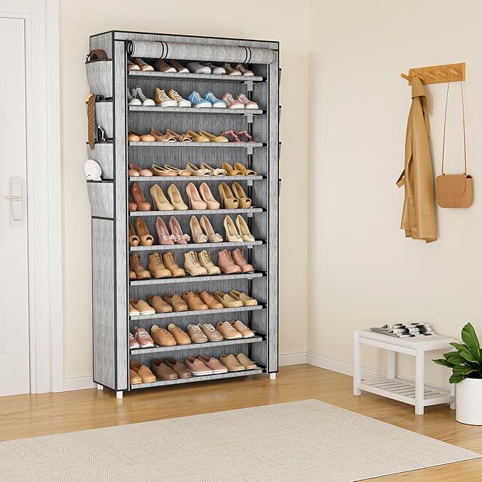 VTRIN Tall Shoe Rack with Cover, 10 Tier Shoe Organizer Storage for 50-55 Pairs Shoes and Boots Large Capacity Shoe Shelf with 8 Pockets Free Standing Shoe Rack for Closet, Entryway, Garage, Printing