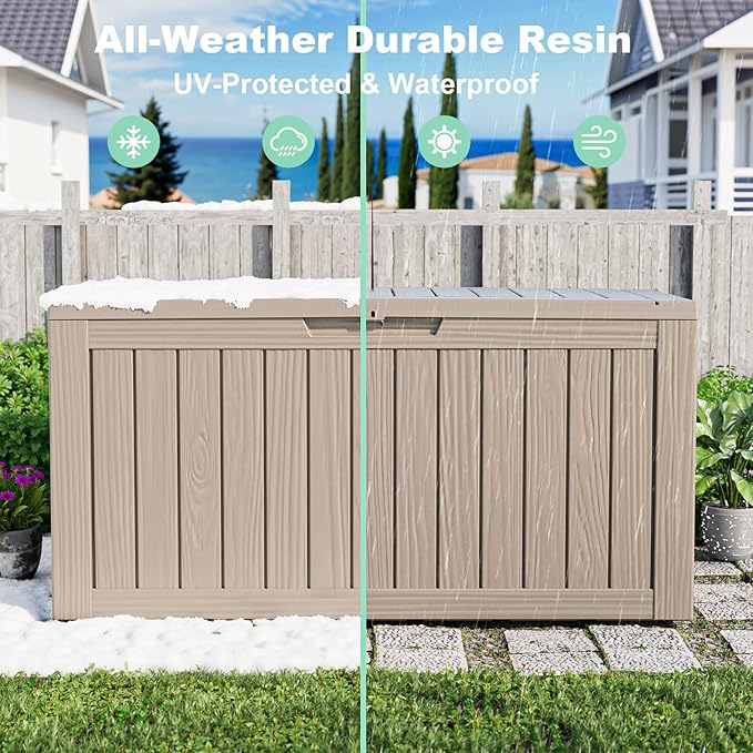 76 Gallon Outdoor Deck Box,Storage Lockable Waterproof Patio Furniture,Garden Tools,Cushions,Pool Accessories Outside Storage Resin Box(Grey)