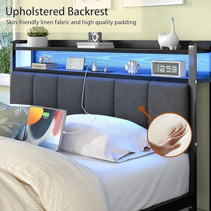 Twin Bed Frame with LED Lights and Charging Station, Metal Platform Bed Frame Twin with Upholstered Storage Headboard, Heavy Duty Metal Slats, No Box Spring Needed, Easy Assembly, Dark Grey