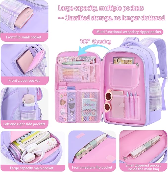 Girls Backpack,Kids School Backpack With Lunch Box Pencil Case Set,Cute Childrens Schoolbag For Girls