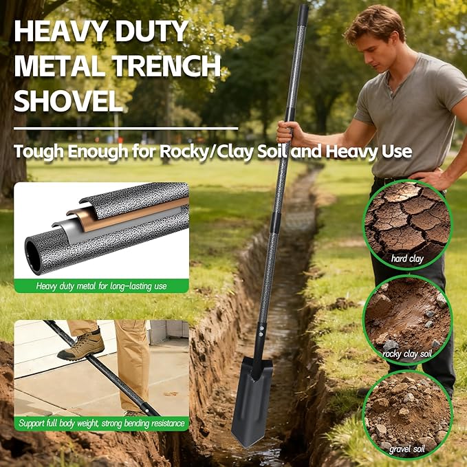 Trench Shovel for Digging, 4 inch V-Shape Narrow Trenching Spade, Heavy Duty Metal Garden Shovel Entrenching Tool for Edging Gardening Landscaping, 60 inch Adjustable Long Handle & Foot Rest Pedal